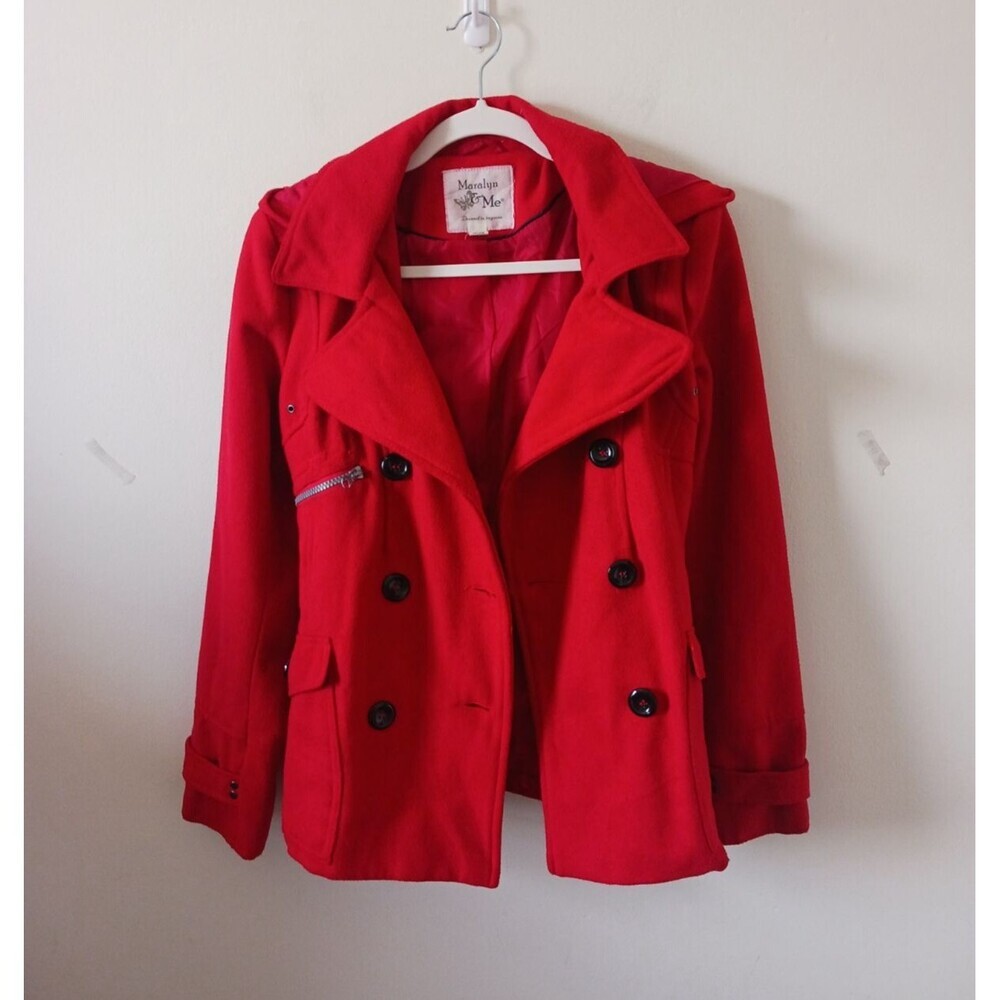Maralyn & Me Pea Coat Jacket Double Breasted Hooded Red Size M - Picture 3 of 9